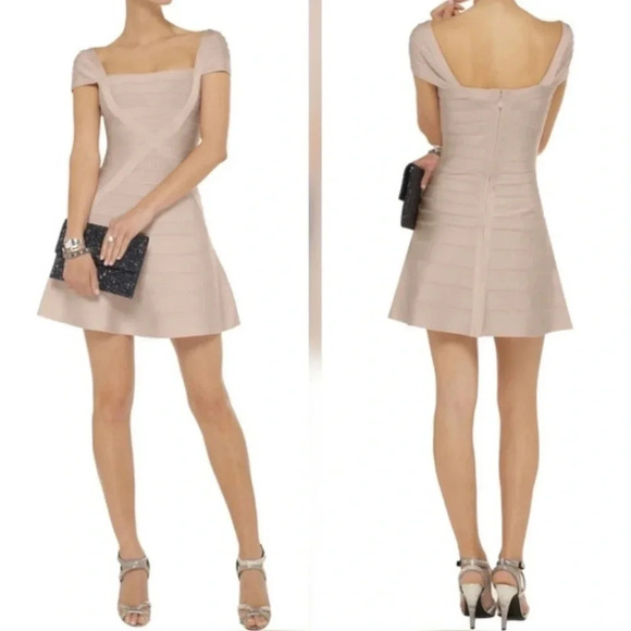 NWT Herve Leger Makayla Dress Rare Beige Nude Bandage XS NEW Mini - Picture 1 of 9